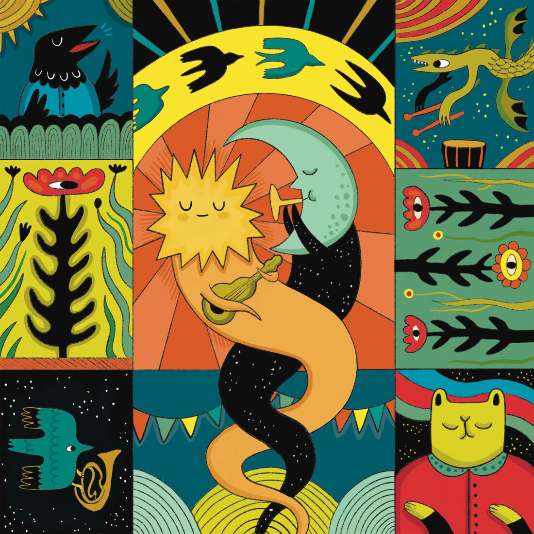 Hillside 2025 artwork with sun and moon figures entertwined in the center, playing musical instruments. There are other creatures like a cat, a singing bird, a bird carrying a trombone, and a dragon playing the drums, and plants with eyes in the panels surrounding the middle panel.